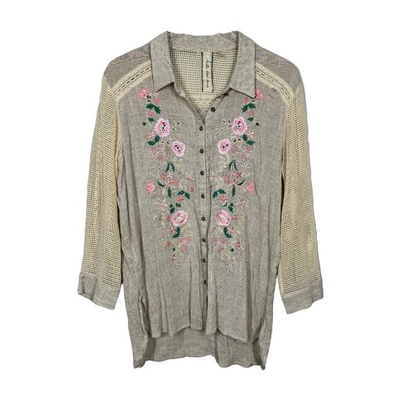 Aratta Floral Embroidered Linen Tunic Top Medium Tan Beaded Embellished Boho - Picture 1 of 8